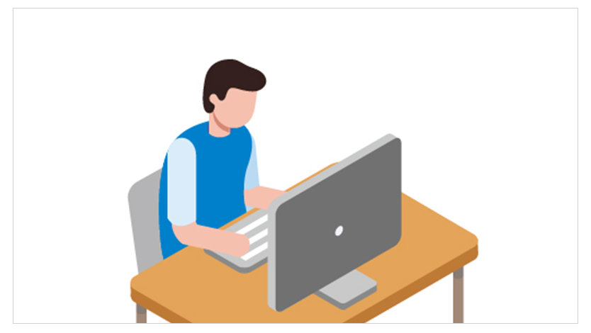 机でノート PC を使う人物のイラスト