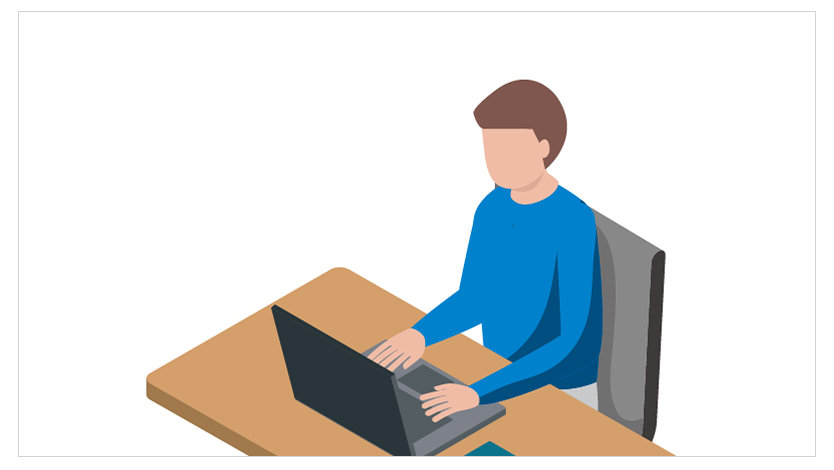机でノート PC を操作する人物のイラスト