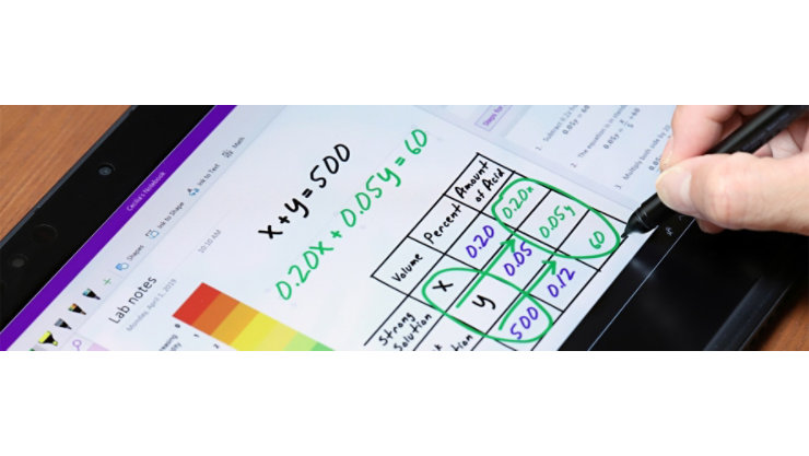 数式とハイライトされた値のある表が表示されたタブレット画面。