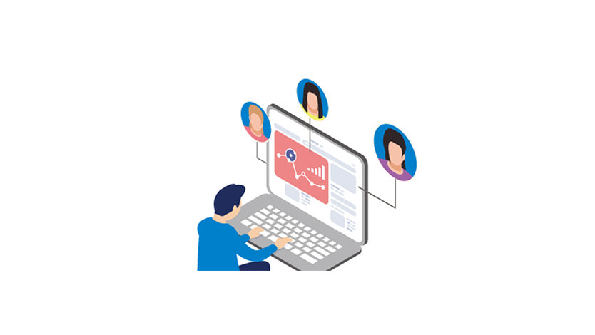 ノート PC でのグループ ワークを表すイラスト