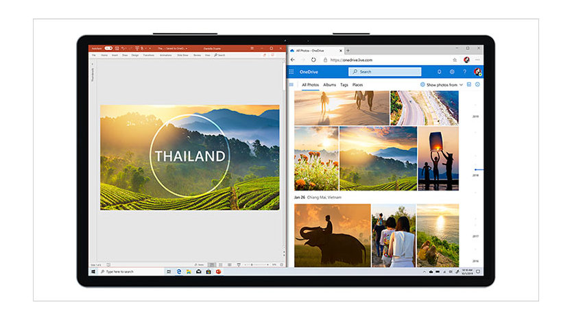 タブレットに表示された PowerPoint と OneDrive の画面