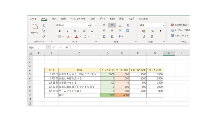 おこづかい帳 の Excel 編集画面