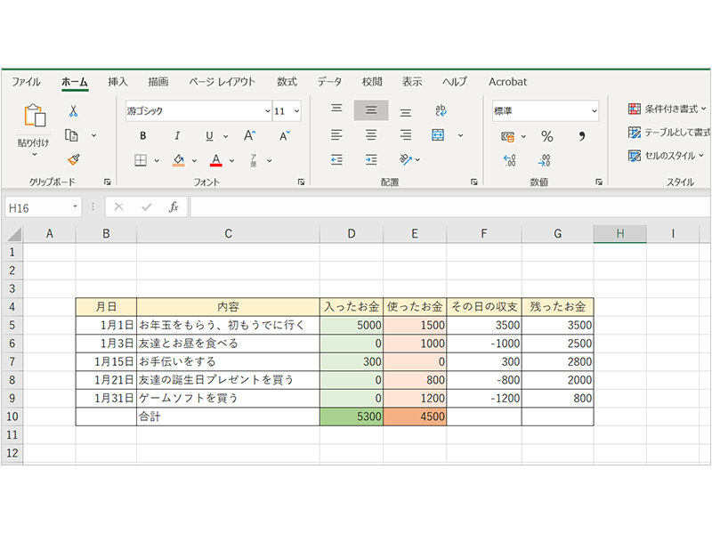 完成したおこづかい帳が表示された Excel 画面