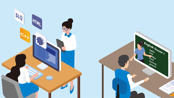 プログラミングの授業で PC でコーディングする学生のイラスト