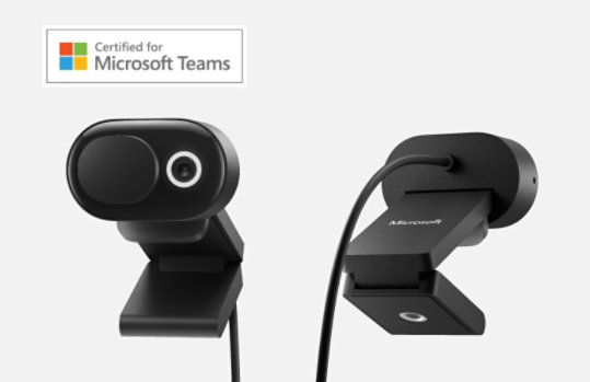 マイクロソフトモダンウェブカメラの正面図と背面図 ラベルを持つ certified for Microsoft Teams with Microsoft ロゴ