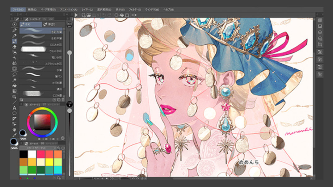 CLIP STUDIO PAINTで眼鏡をかけた女性のイラストを描いている画面。線画の段階で、ツールパレットが表示されている。