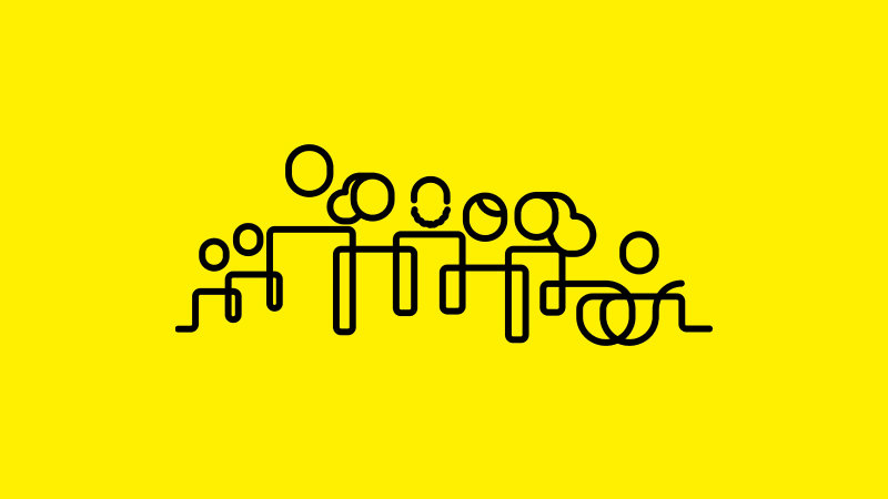 Schwarze verschnörkelte Linien auf gelbem Grund, die auf abstrakte Art Personen abbilden.