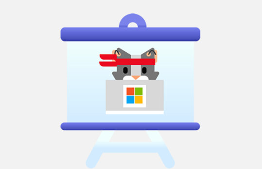 Illustration einer Tafel, auf der das Microsoft-Logo mit einer Animation einer Katze mit einer Hörhilfe zu sehen ist