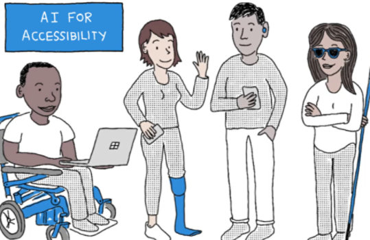 Mit KI für Barrierefreiheit Illustration von vier Menschen mit unterschiedlichen Behinderungen