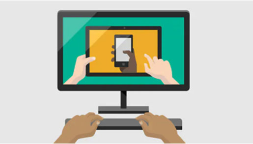 Eine Illustration zeigt einen Computerbildschirm mit einer Tastatur, die von zwei Händen bedient wird. Im Bildschirm selbst wird ein Tablet, das von zwei Händen bedient wird, abgebildet. Dieses Tablet bildet wiederum eine Hand ab, die ein Handy bedient.
