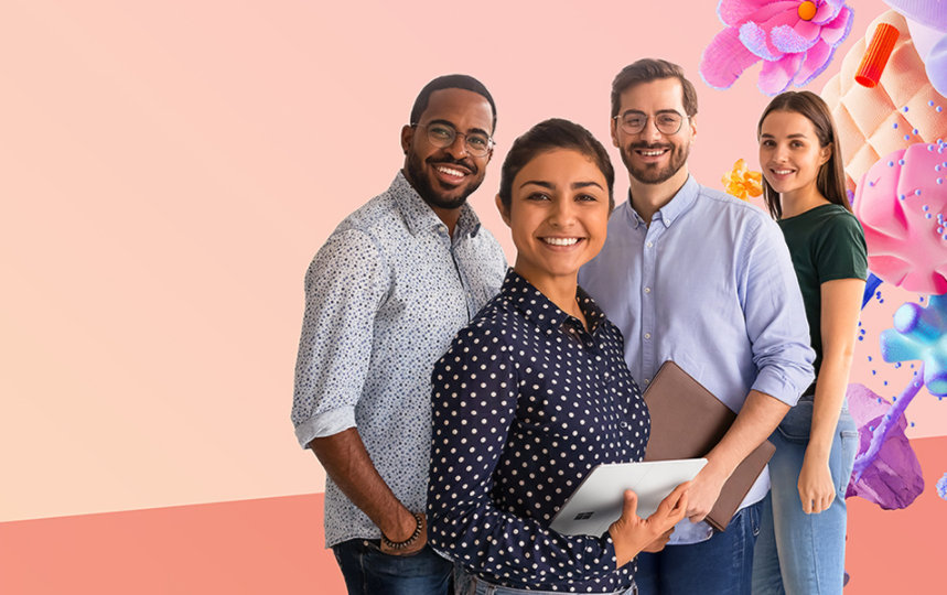 Eine Gruppe von vier Personen lächelt in die Kamera, umgeben von abstrakten floralen Formen.