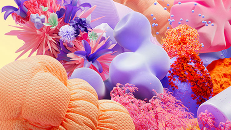 Eine lebendige abstrakte Komposition mit plüschartigen Formen in Orange, Lila und Pink, durchzogen von filigranen Blumenmustern und verstreuten kleinen Kugeln – ein verspieltes und surreales Gesamtbild