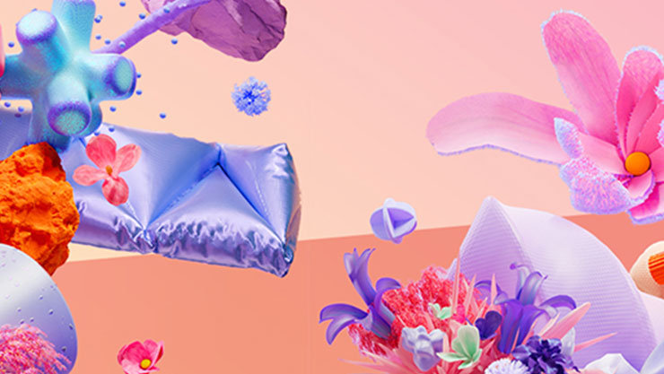 Abstraktes, farbenfrohes Bild mit 3D-Formen, Blüten und geometrischen Objekten vor einem rosa-pfirsichfarbenen Hintergrund