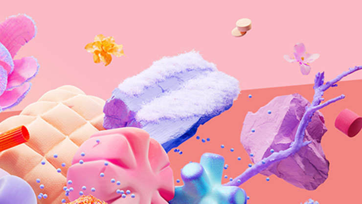 Abstraktes, farbenfrohes Bild mit blumenähnlichen Formen, Stofftexturen und geometrischen Elementen in Pastellfarben vor rosa Hintergrund