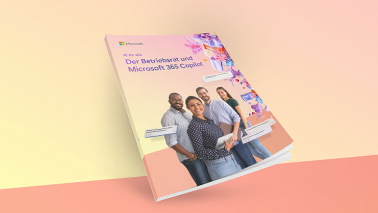 Broschüre mit dem Titel ‚KI für alle – Der Betriebsrat und Microsoft 365 Copilot‘, illustriert mit vier Personen, Sprechblasen und buntem Design auf rosa-gelbem Hintergrund.