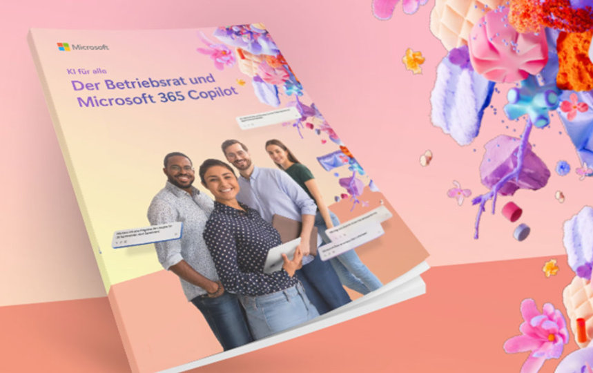 Buch mit dem Titel ‚Der Betriebsrat und Microsoft 365 Copilot‘ auf rosa-orangefarbener Fläche, umrahmt von bunten Blumen