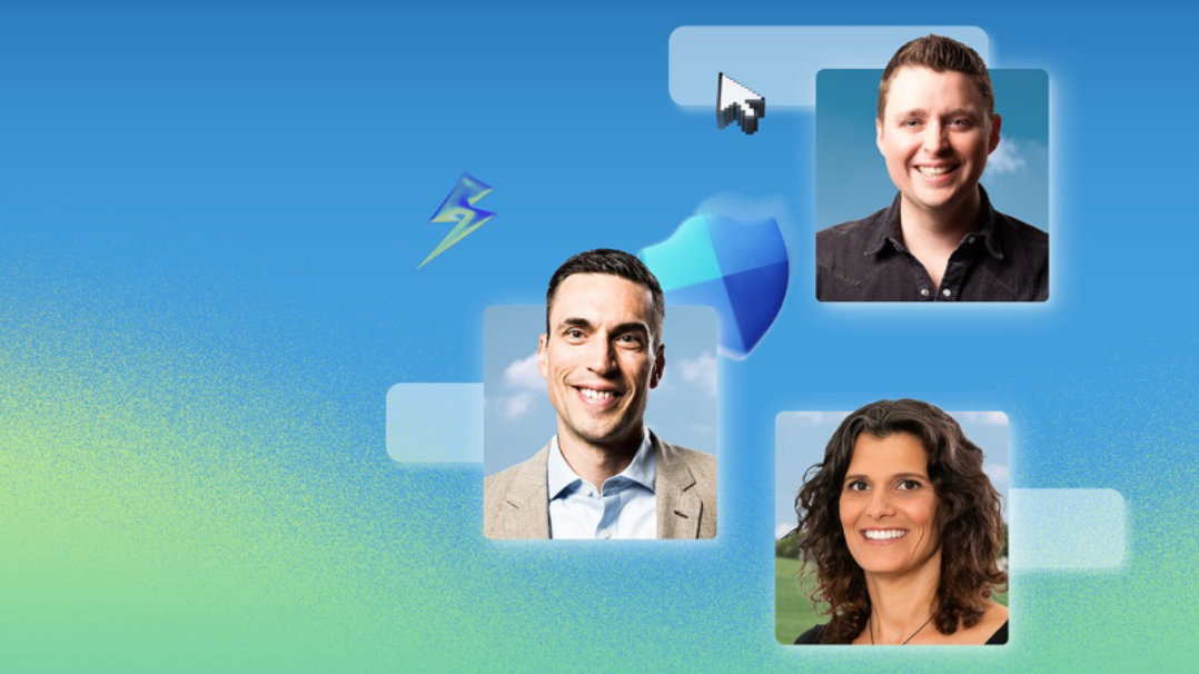 青と緑の抽象的な背景に、3人の笑顔の人物がカード状に配置されている。