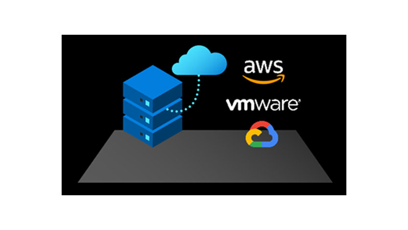 AWS vmware ロゴが付いた灰色のプラットフォームに接続されたクラウドとデータベースの図