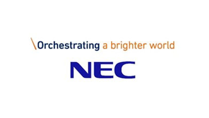 NEC タグライン付きロゴ  'Orchestrating a brighter world'