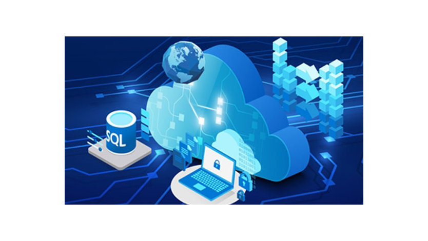 青く照らされた背景にクラウド、ラップトップ、SQL サーバーを示す図