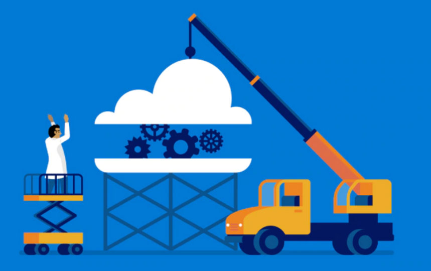 クラウドを構築する製造クレーンを監督する男性のイラスト
