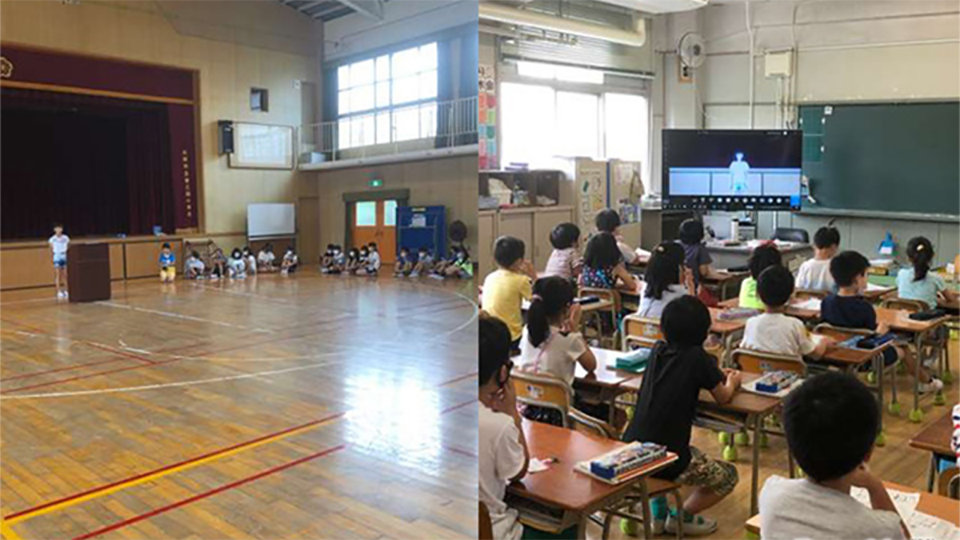 学校の体育館と授業中の教室