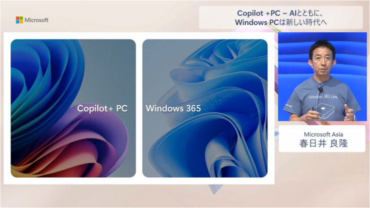 Copilot + PCとWindows 365の連携について説明するプレゼンテーションスライド。