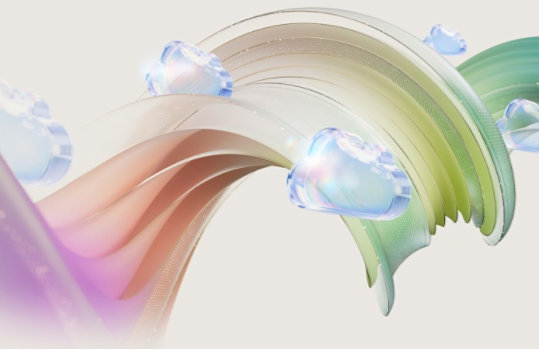 光沢のある雲のアイコンと、パステル調のグラデーションがかかった波状のリボン。