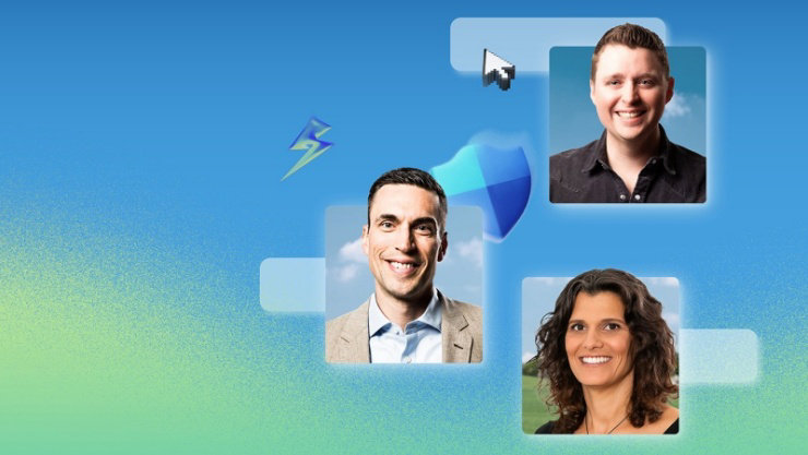 青緑のグラデーションの背景に、3 つの笑顔 (男性 2 人、女性 1 人) と、稲妻と盾のアイコンが描かれています。