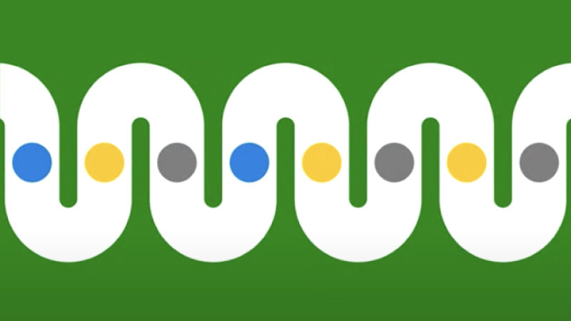 緑色の背景に、青、黄、灰色の点が付いた白い波状の線が描かれた抽象的なデザイン。