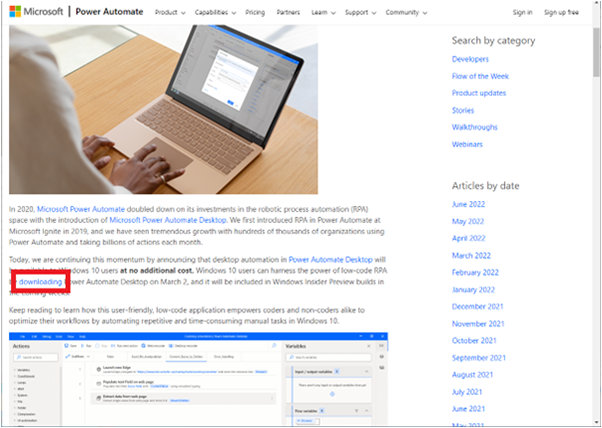 Power Automate インストーラーのウェブサイトの一部では、「ダウンロード中」という言葉と、ノートパソコンで作業している人が強調表示されていました。