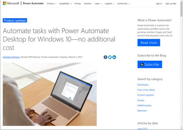 Power Automate インストーラー Web サイトの一部。ラップトップで作業する人が映っている。