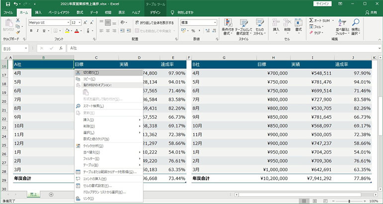 Microsoft Excel のセルのコンテキスト メニュー