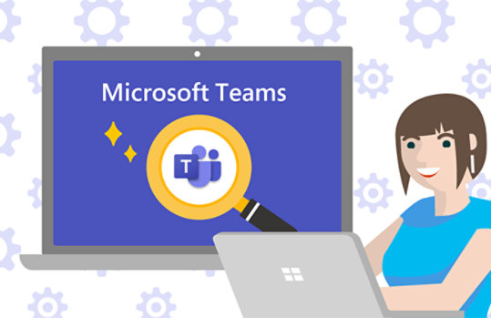 ノート PC を操作する人物と Microsoft Teams 検索していることを表すイラスト