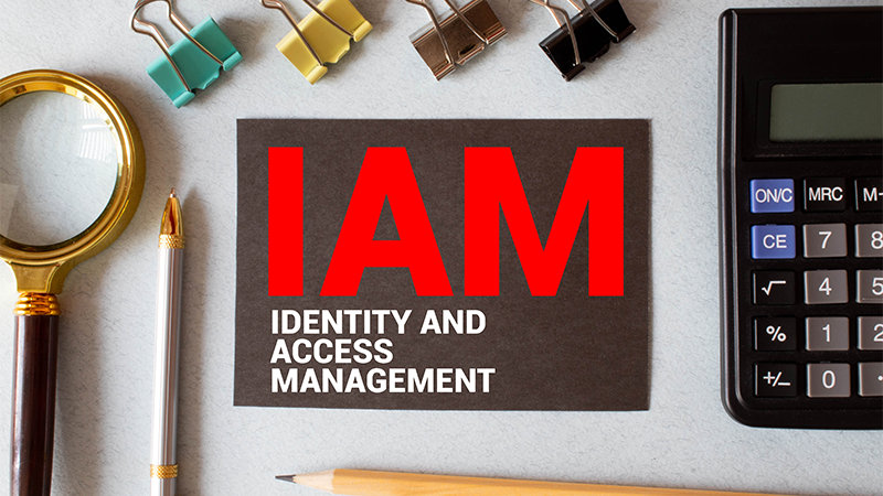 テキスト 'IAM - IDENTITY AND ACCESS MANAGEMENT' は、静止したアイテムを含む背景に書かれています