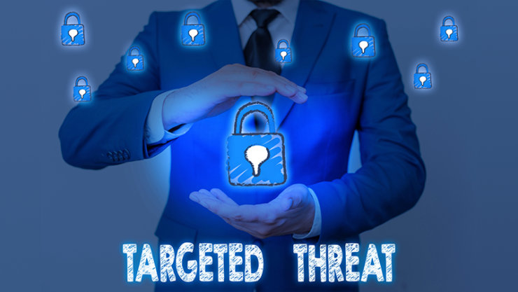 ビジネス パーソンの写真、南京錠のイラストと TARGETED THREAT の文字
