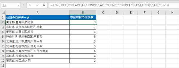 セル内のカンマで囲まれている市区町村部分を抽出し、LEN 関数でその部分の値の文字数をカウントする例