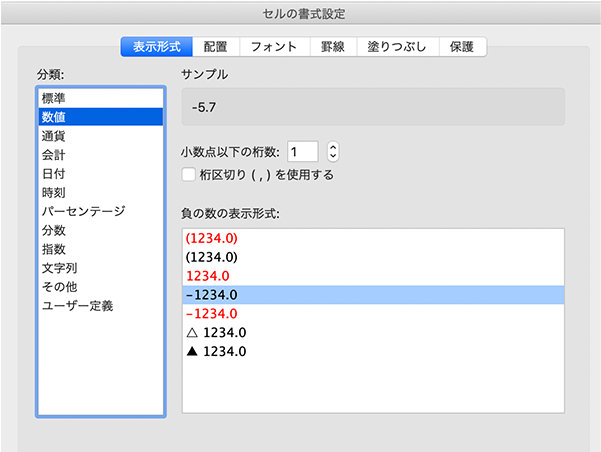 セルの書式設定の数値