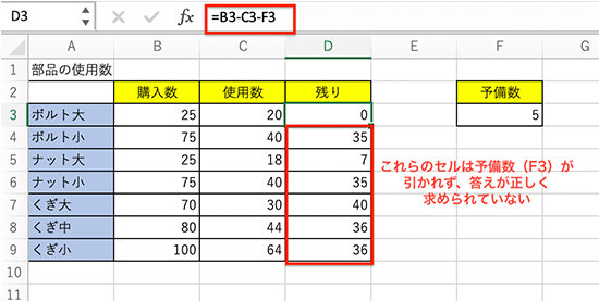 参照元のセルを固定したしたセル参照の引き算