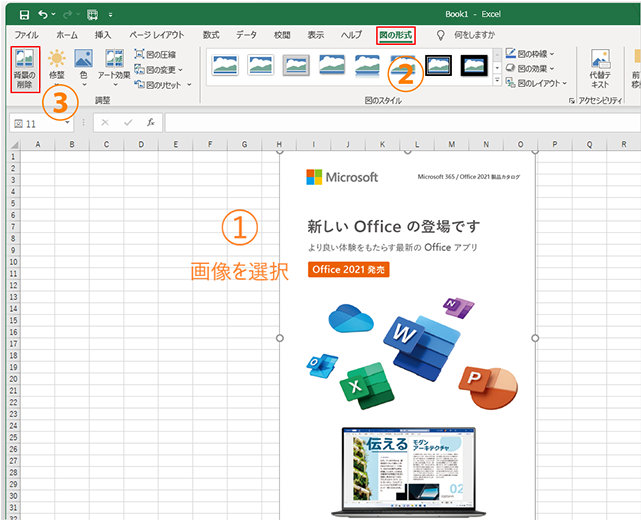Excel シートに挿入した画像を選択して表示される「図の形式」タブの「背景の削除」