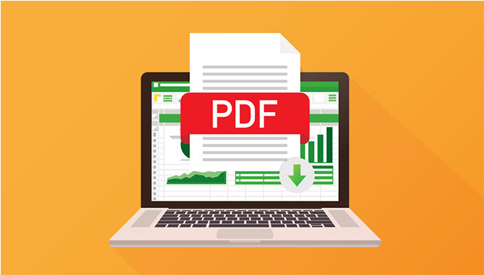 ダウンロード アイコン付きの PDF ファイルを表示するラップトップ スクリーン。