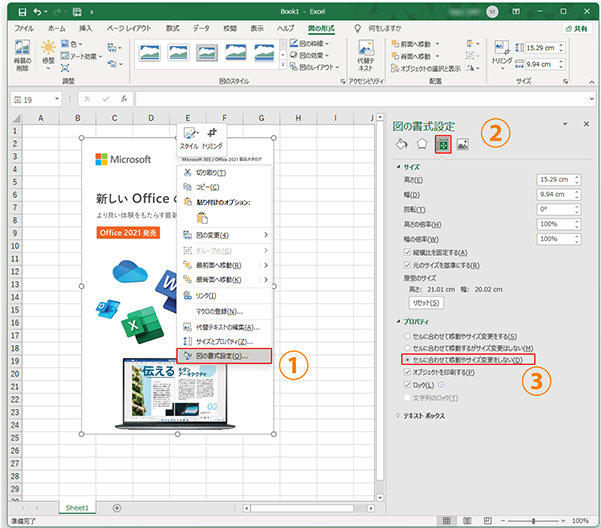 Excel シートに挿入した画像を選択して表示した図の書式設定