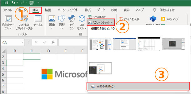 Excel の「挿入」タブの「スクリーンショット」ボタン