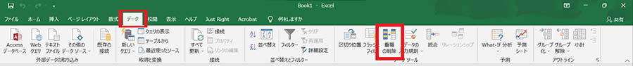 Excel の重複の削除ボタン (ウィンドウの幅が広いとき)