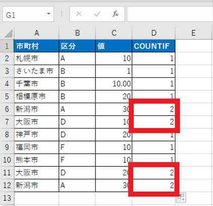 一致する値の数が表示された表