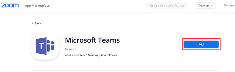Zoom の Marketplace に表示された Microsoft Teams アプリ