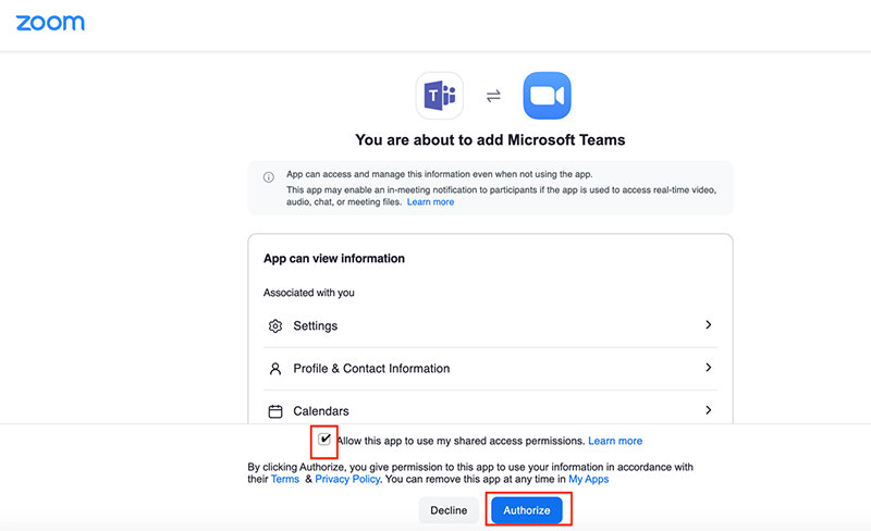 Microsoft Teams アプリ 追加画面の Authorize ボタン