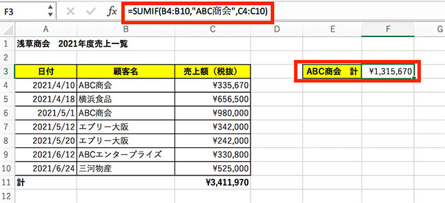 顧客名が「ABC商会」の売上額を合計したい場合の例