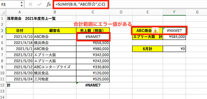 合計範囲にエラーの値がある例