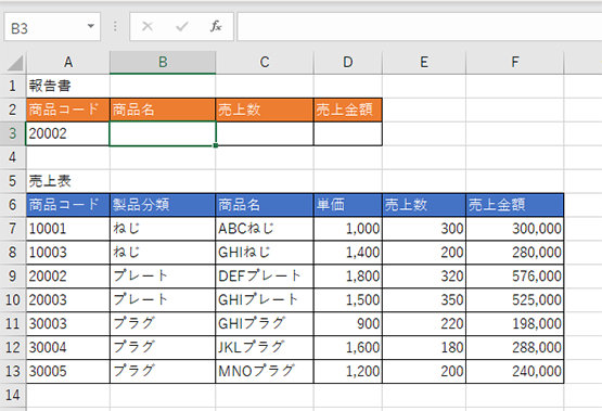 1つの表 (例では売上表) と新たに作る表 (例では報告書) を用意